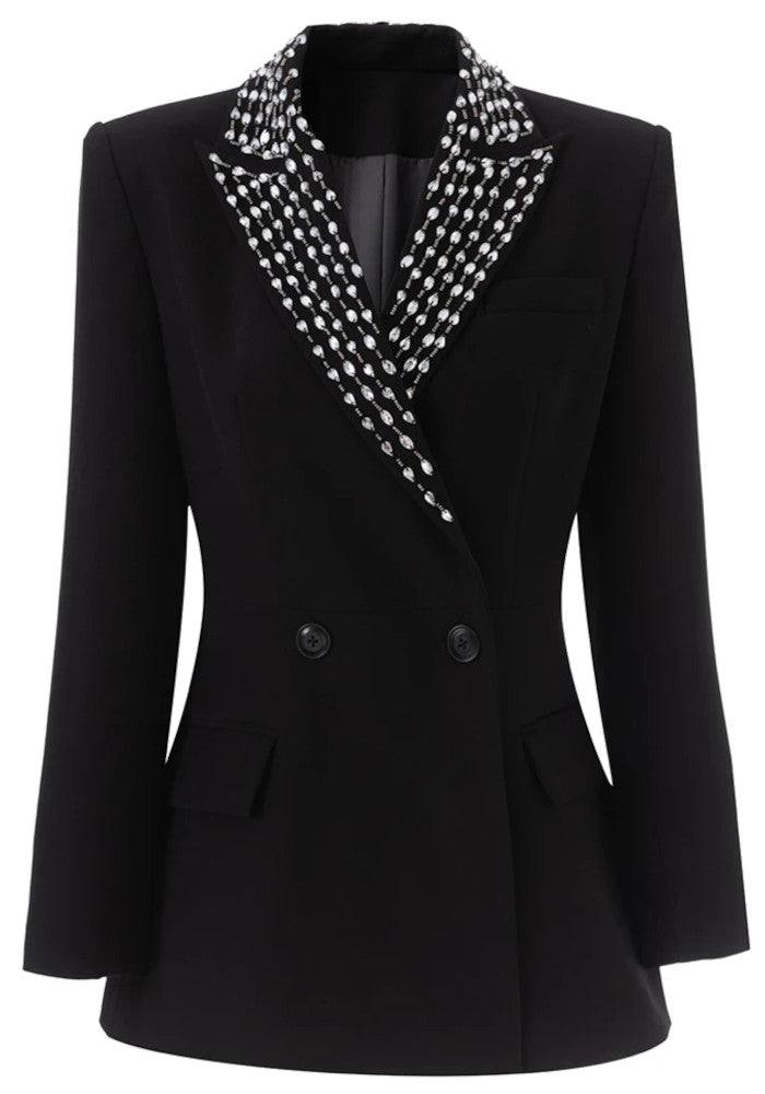 Long Sleeve Crystal Lapel Blazer Black