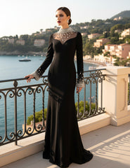 Long Sleeve Crystal Embellished Mesh Maxi Dress Black
