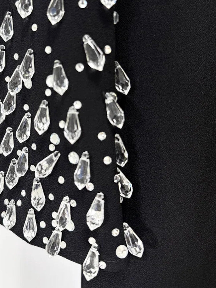 Long Sleeve Crystal Embellished Mesh Maxi Dress Black