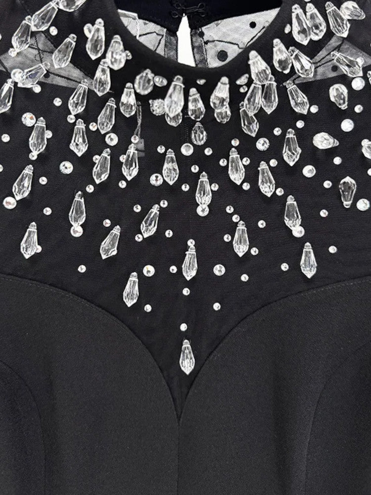 Long Sleeve Crystal Embellished Mesh Maxi Dress Black