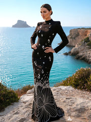 Long Sleeve Crystal Flower Detail Maxi Dress Black