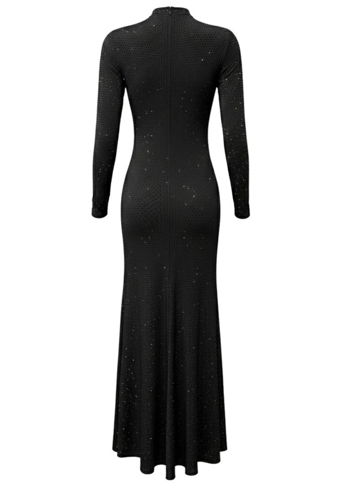 Long Sleeve Cut Out Embellished Maxi Dress Black