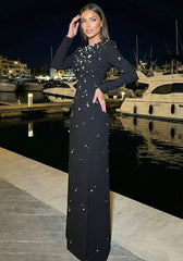 Long Sleeve Crystal A Line Maxi Dress Black