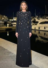 Long Sleeve Crystal A Line Maxi Dress Black