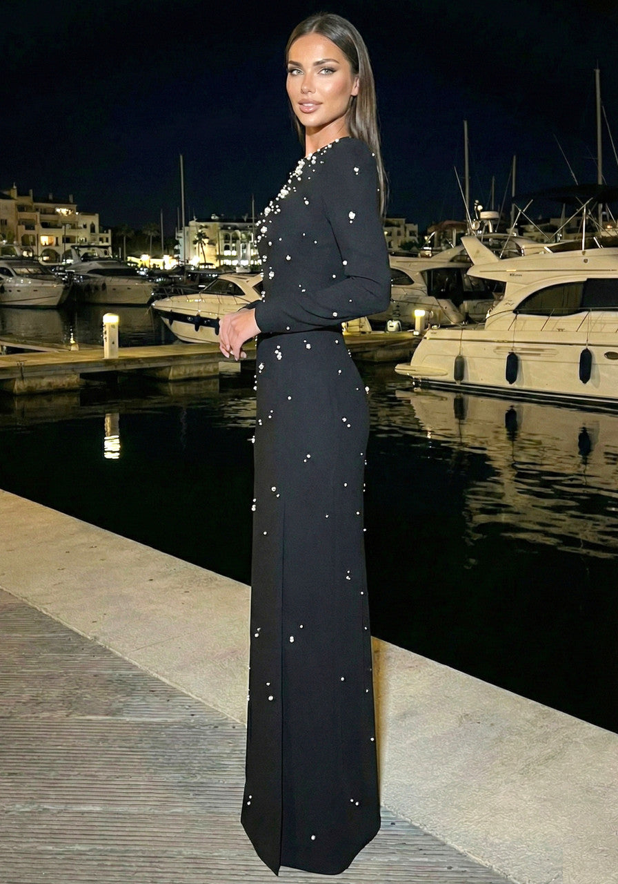Long Sleeve Crystal A Line Maxi Dress Black
