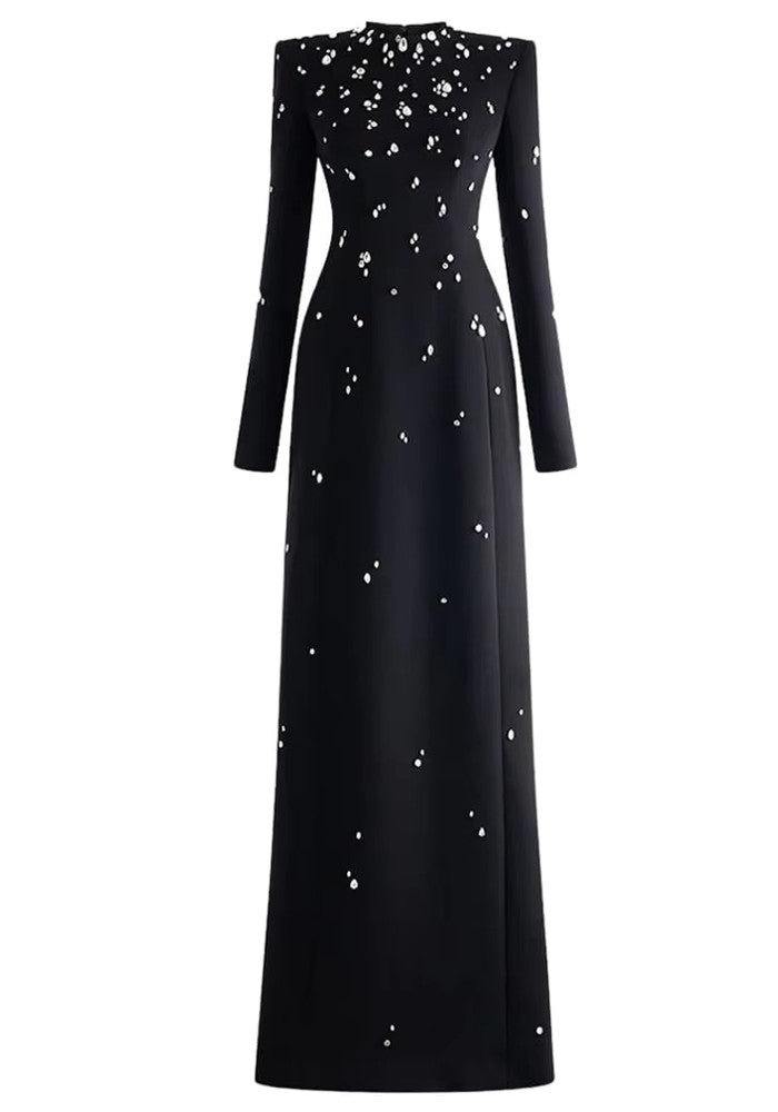 Long Sleeve Crystal A Line Maxi Dress Black