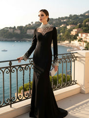 Long Sleeve Crystal Embellished Mesh Maxi Dress Black