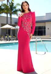 Long Sleeve Crystal Floral Maxi Dress Hot Pink