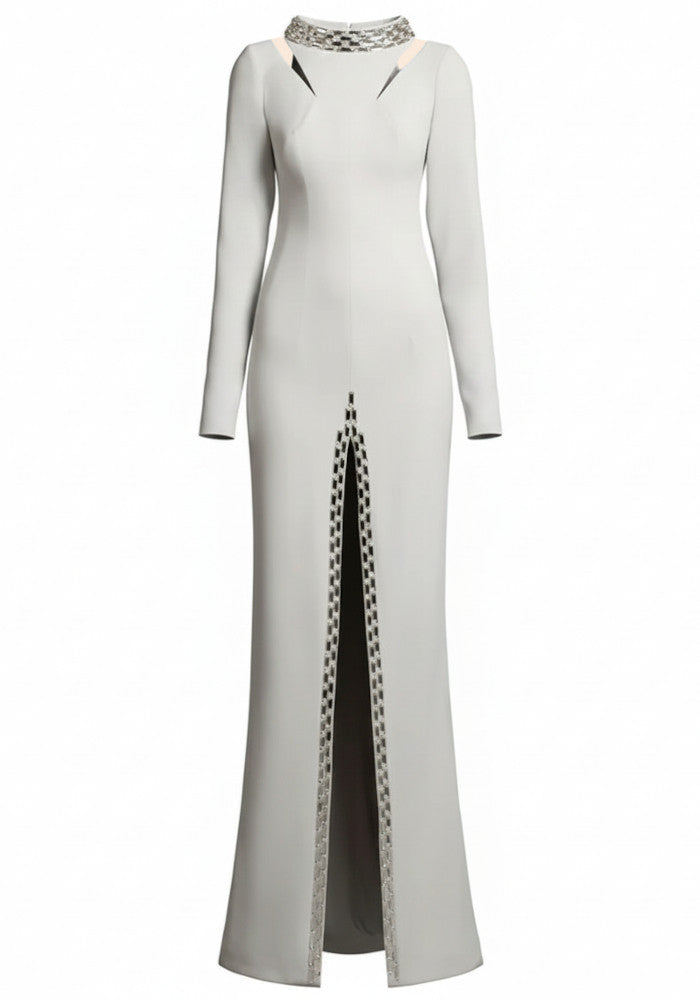Long Sleeve Crystal Maxi Dress Light Grey