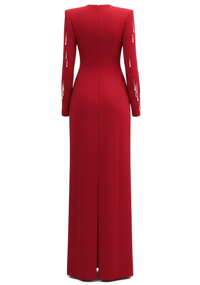 Long Sleeve Crystal Maxi Dress Red