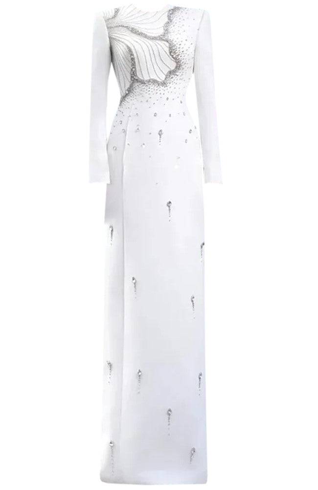Long Sleeve Crystal Maxi Dress White
