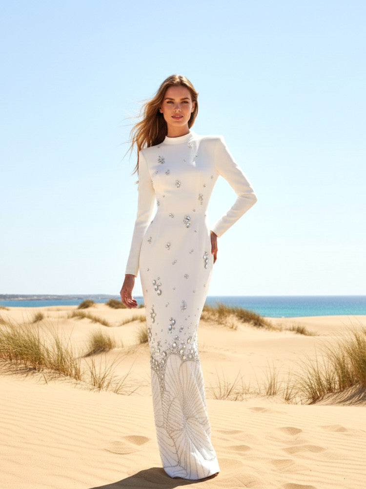 Long Sleeve Crystal Flower Maxi Dress White