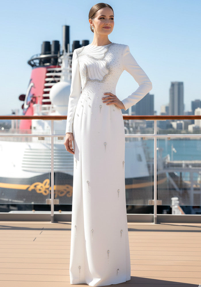 Long Sleeve Crystal Maxi Dress White
