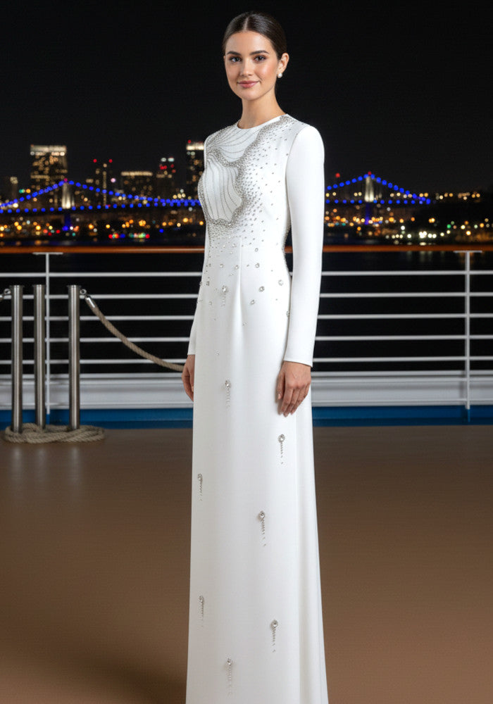 Long Sleeve Crystal Maxi Dress White
