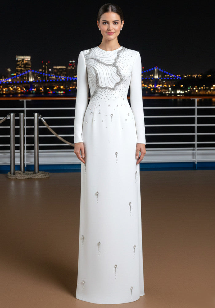 Long Sleeve Crystal Maxi Dress White – LoSaTa