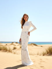 Long Sleeve Crystal Flower Maxi Dress White