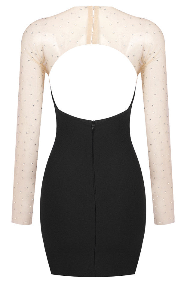 Long Sleeve Crystal Mesh Dress Black