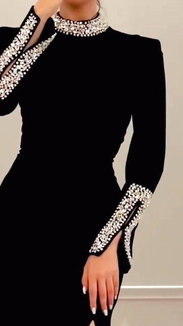Long Sleeve Crystal Detail Midi Dress Black