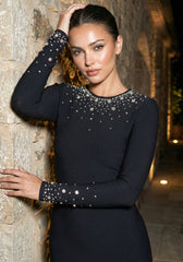 Long Sleeve Crystal Midi Dress Black