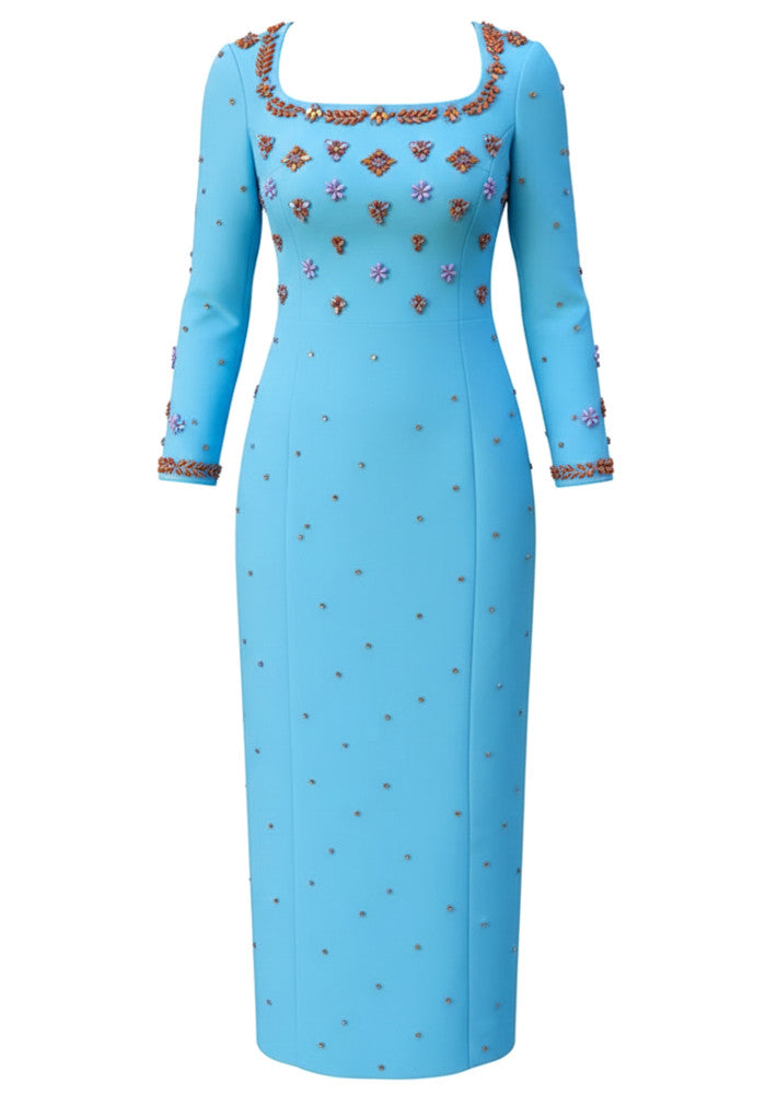 Long Sleeve Embellished Midi Dress Blue