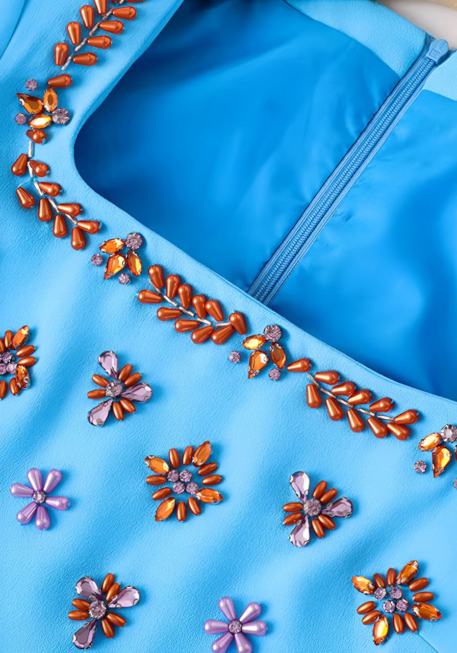 Long Sleeve Embellished Midi Dress Blue