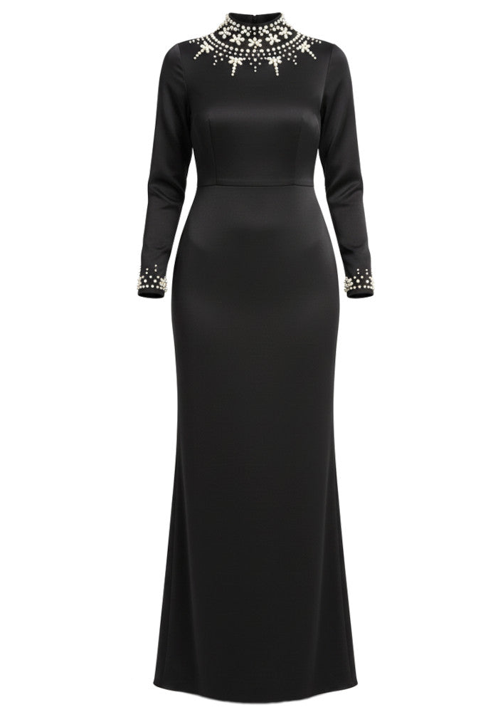 Long Sleeve Crystal Neck Detail Maxi Dress Black