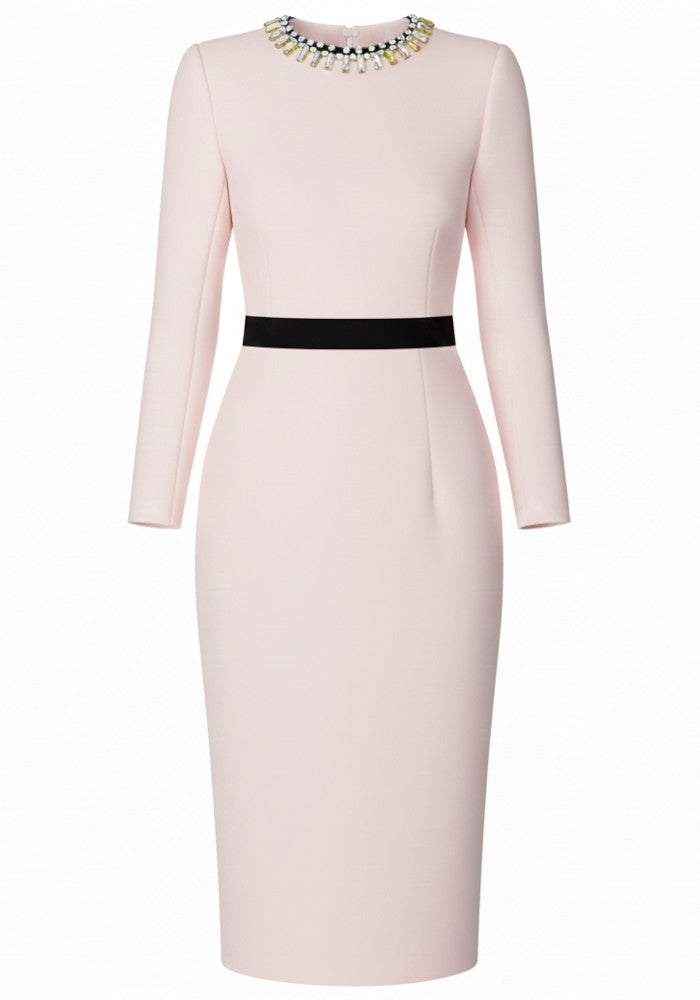 Long Sleeve Crystal Neckline Midi Dress Pink