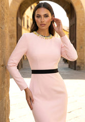 Long Sleeve Crystal Neckline Midi Dress Pink