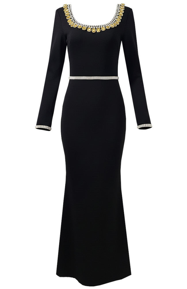 Long Sleeve Embellished Neckline Maxi Dress Black