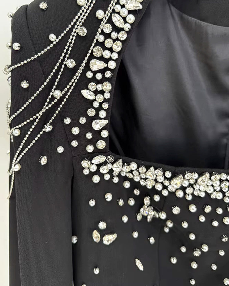 Cape Sleeve Crystal Pearl Maxi Dress Black