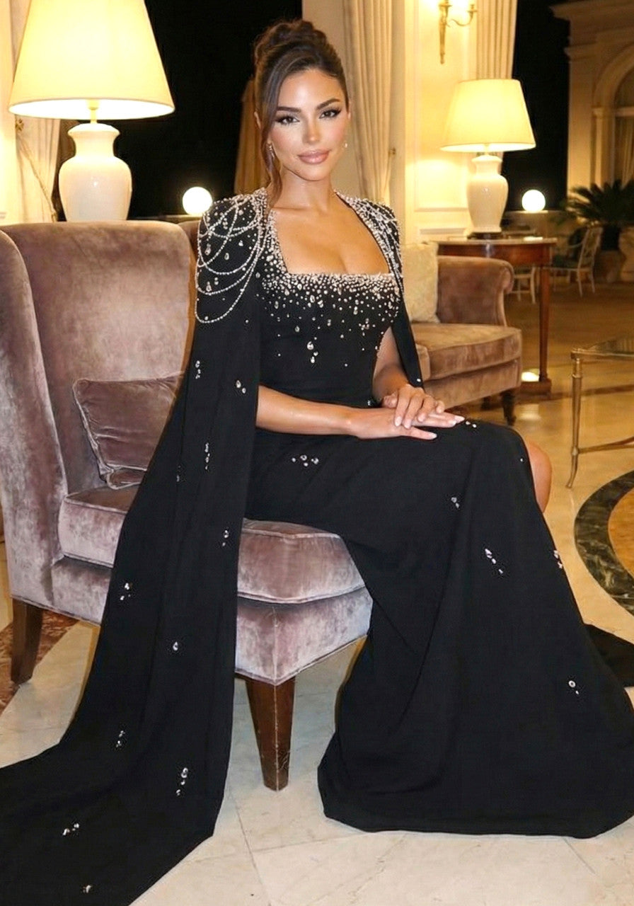 Cape Sleeve Crystal Pearl Maxi Dress Black