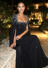 Cape Sleeve Crystal Pearl Maxi Dress Black
