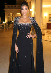 Cape Sleeve Crystal Pearl Maxi Dress Black