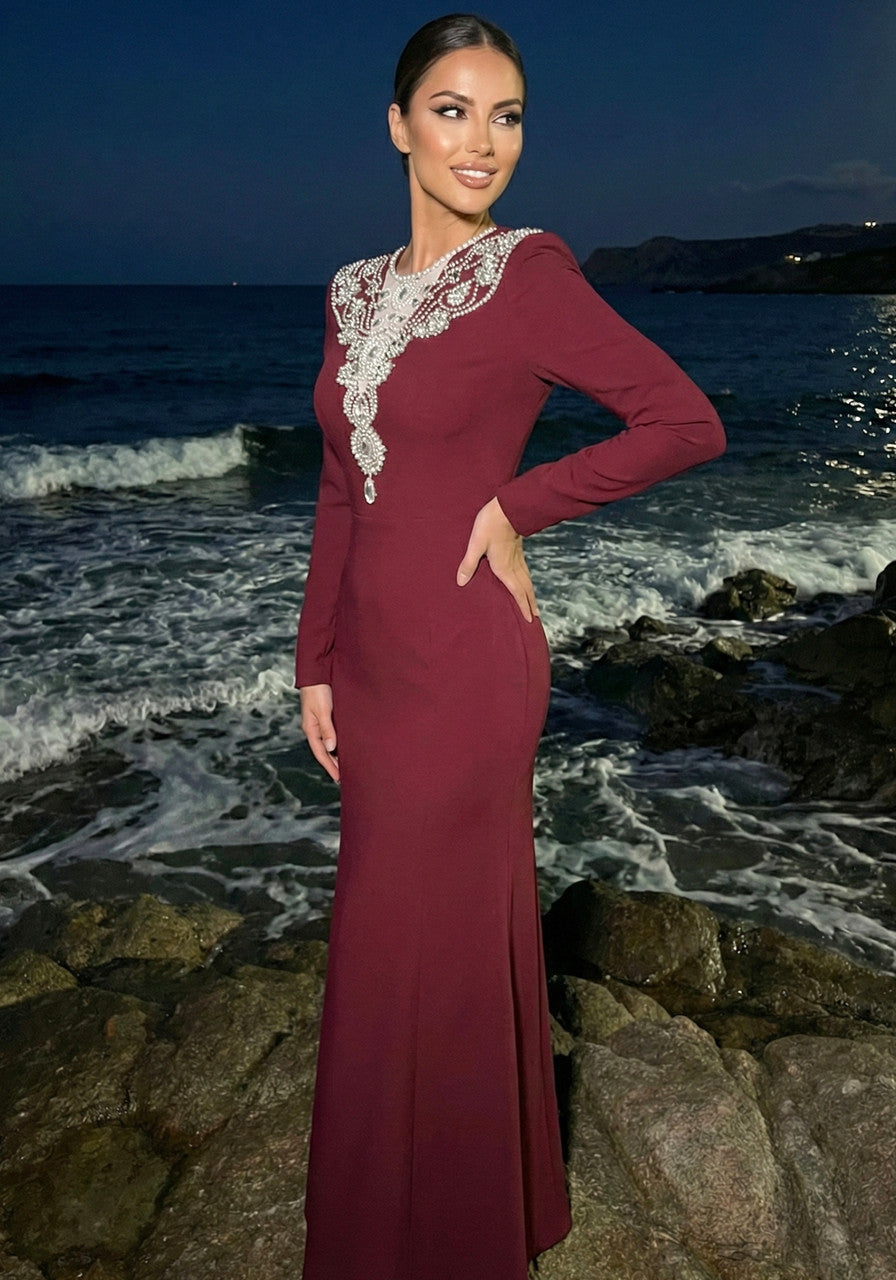 Long Sleeve Crystal Pearl Maxi Dress Burgundy