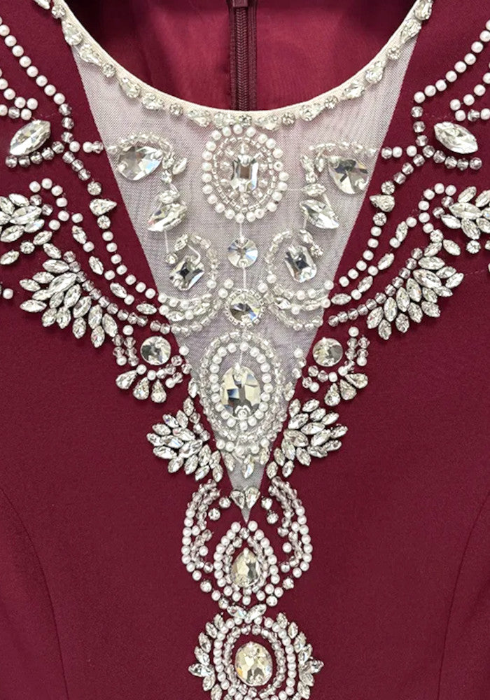 Long Sleeve Crystal Pearl Maxi Dress Burgundy