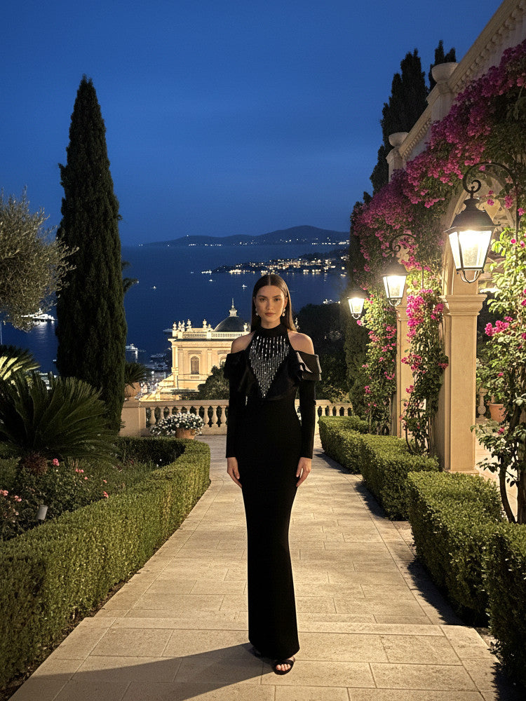 Long Sleeve Crystal Ruffle Detail Maxi Dress Black