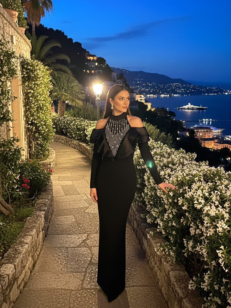 Long Sleeve Crystal Ruffle Detail Maxi Dress Black