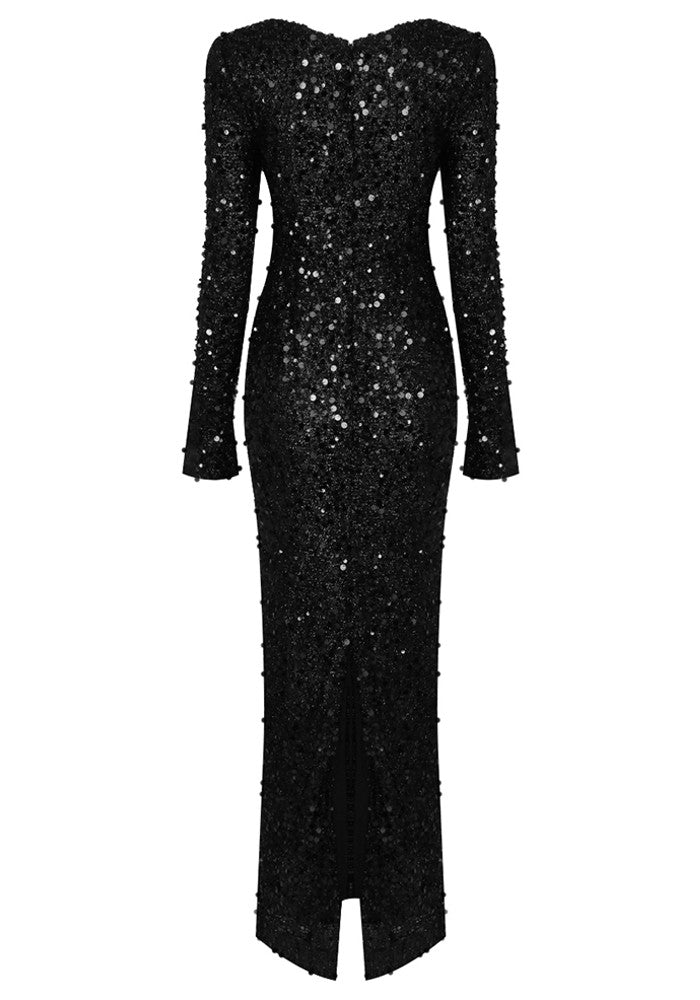Long Sleeve Crystal Sequin Maxi Dress Black