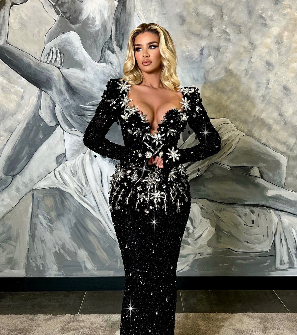 Long Sleeve Crystal Sequin Maxi Dress Black