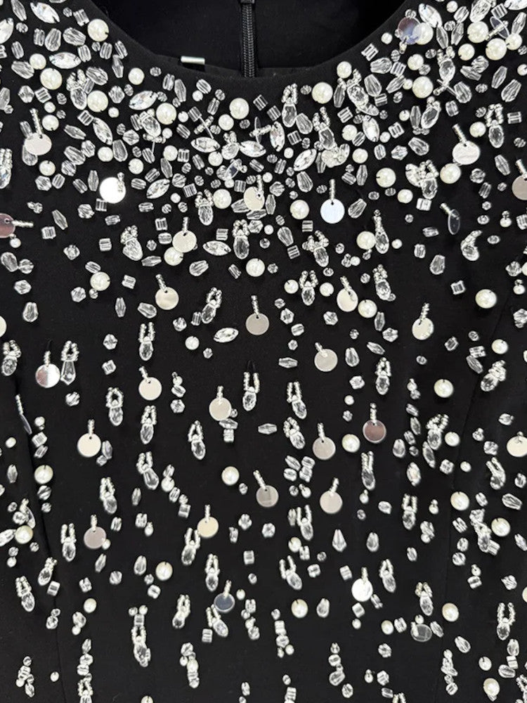 Long Sleeve Crystal Pearl Sequin Maxi Dress Black