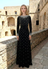 Long Sleeve Crystal Pearl Sequin Maxi Dress Black