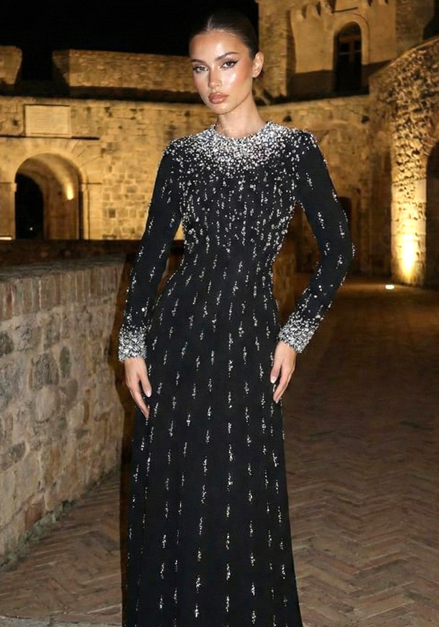 Long Sleeve Crystal Pearl Sequin Maxi Dress Black