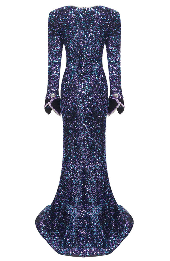 Long Sleeve Crystal Sequin Mermaid Maxi Dress Blue