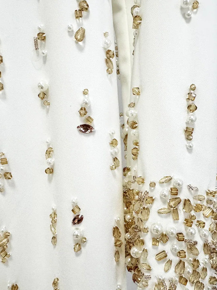 Long Sleeve Crystal Pearl Sequin Maxi Dress White