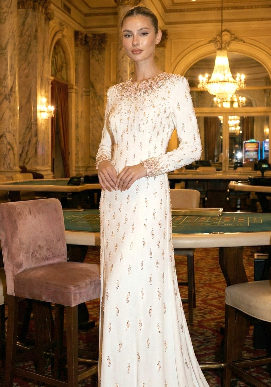 Long Sleeve Crystal Pearl Sequin Maxi Dress White