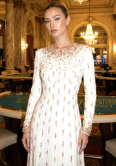 Long Sleeve Crystal Pearl Sequin Maxi Dress White