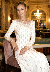 Long Sleeve Crystal Pearl Sequin Maxi Dress White