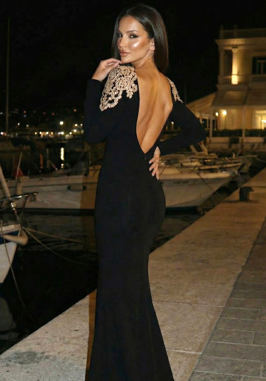 Long Sleeve Sequin Shoulder Maxi Dress Black
