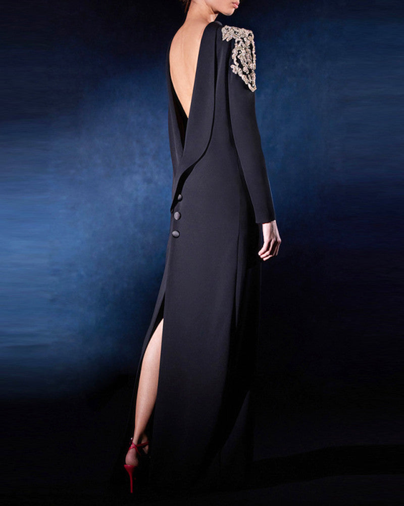 Long Sleeve Sequin Shoulder Maxi Dress Black