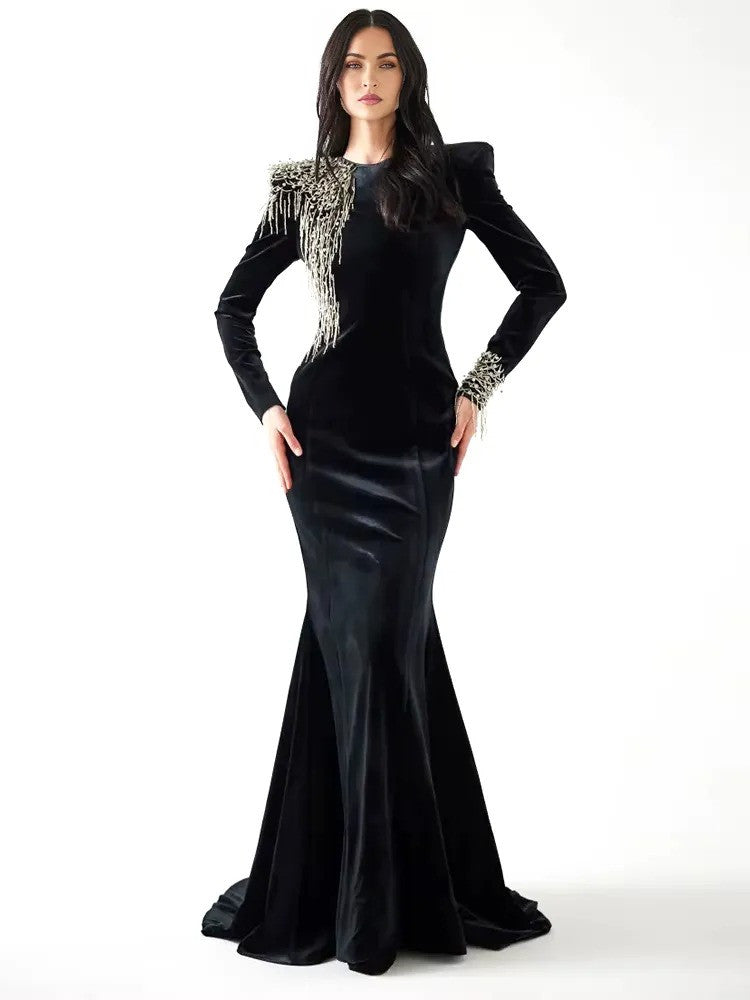 Long Sleeve Crystal Shoulder Maxi Velvet Dress Black